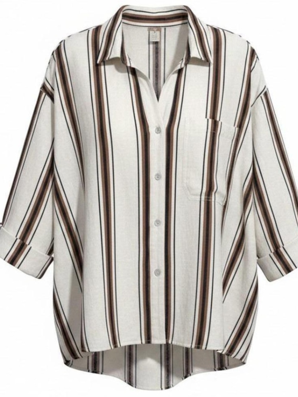 Magaschoni Striped Linen Shirt in Cream & Brown Size Medium NWT